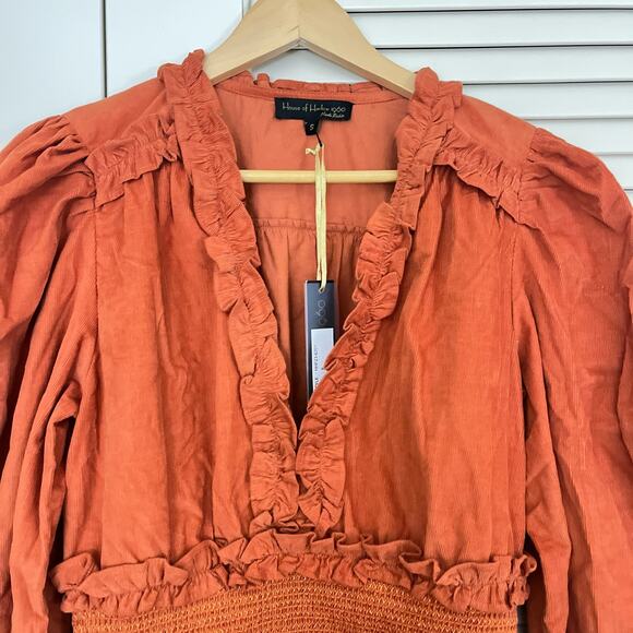 New House of Harlow Deep V Ruffle long sleeve corduroy dress - Picture 4 of 9